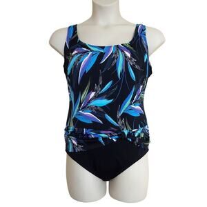 Great Lengths Black Tropical Foliage Print One-Piece Bathing Suit